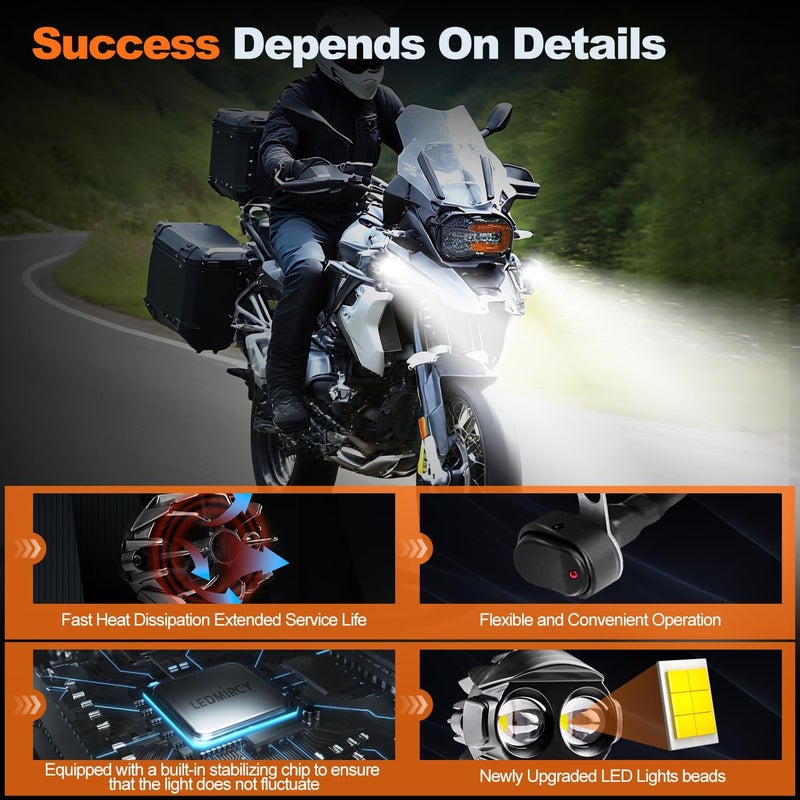 LEDMIRCY Motorcycle Auxiliary Lights, Motorcycle Fog Lights with Switch Wiring Harness Ip68 Waterproof Driving Spot Light with Mount Brackets Exploradoras LED para Moto for ATV Snowmobile Boat etc - Image 3